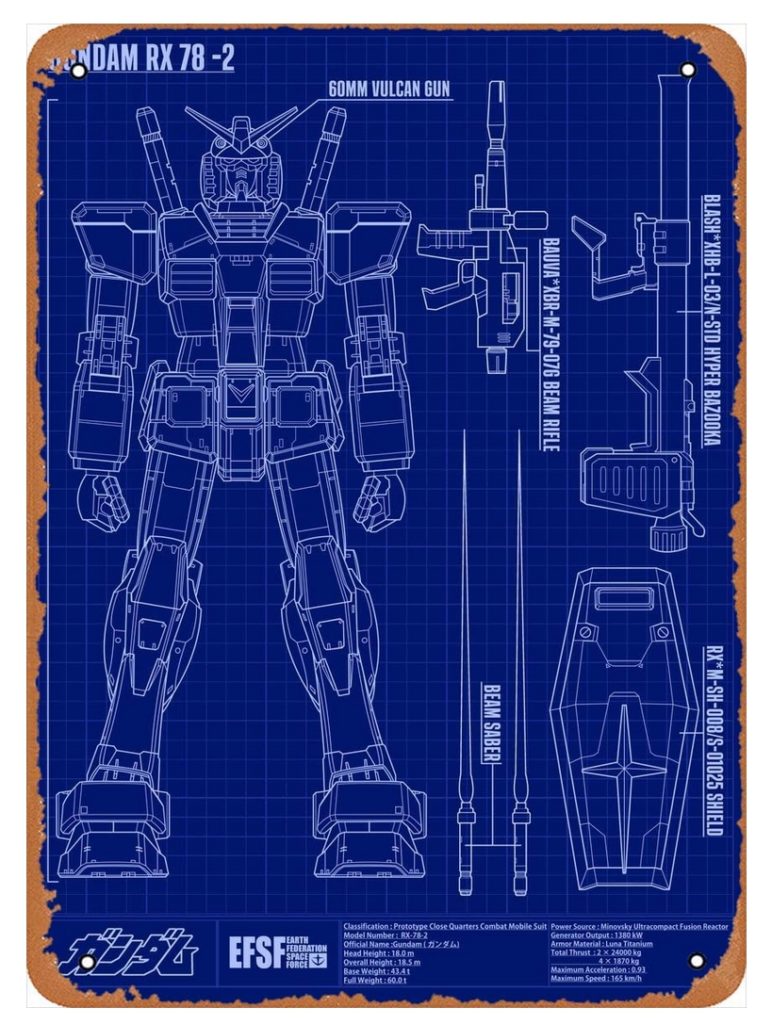  Anime Metal Poster Gundam figure poster metal tin sign Gundam RX 782 Blueprint Wall Art Decor Tin Sign-8x12inch